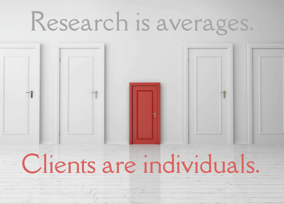 "A row of white doors against a white wall with one red door standing out in the center. Text above reads 'Research is averages.' in gray, and text below reads 'Clients are individuals.' in red. Website URL www.MalissaMorrell.net appears at the bottom." This alt text captures the visual metaphor of the red door standing out among white doors, which reinforces the message about individuality versus averages, along with all the key text elements in the image.